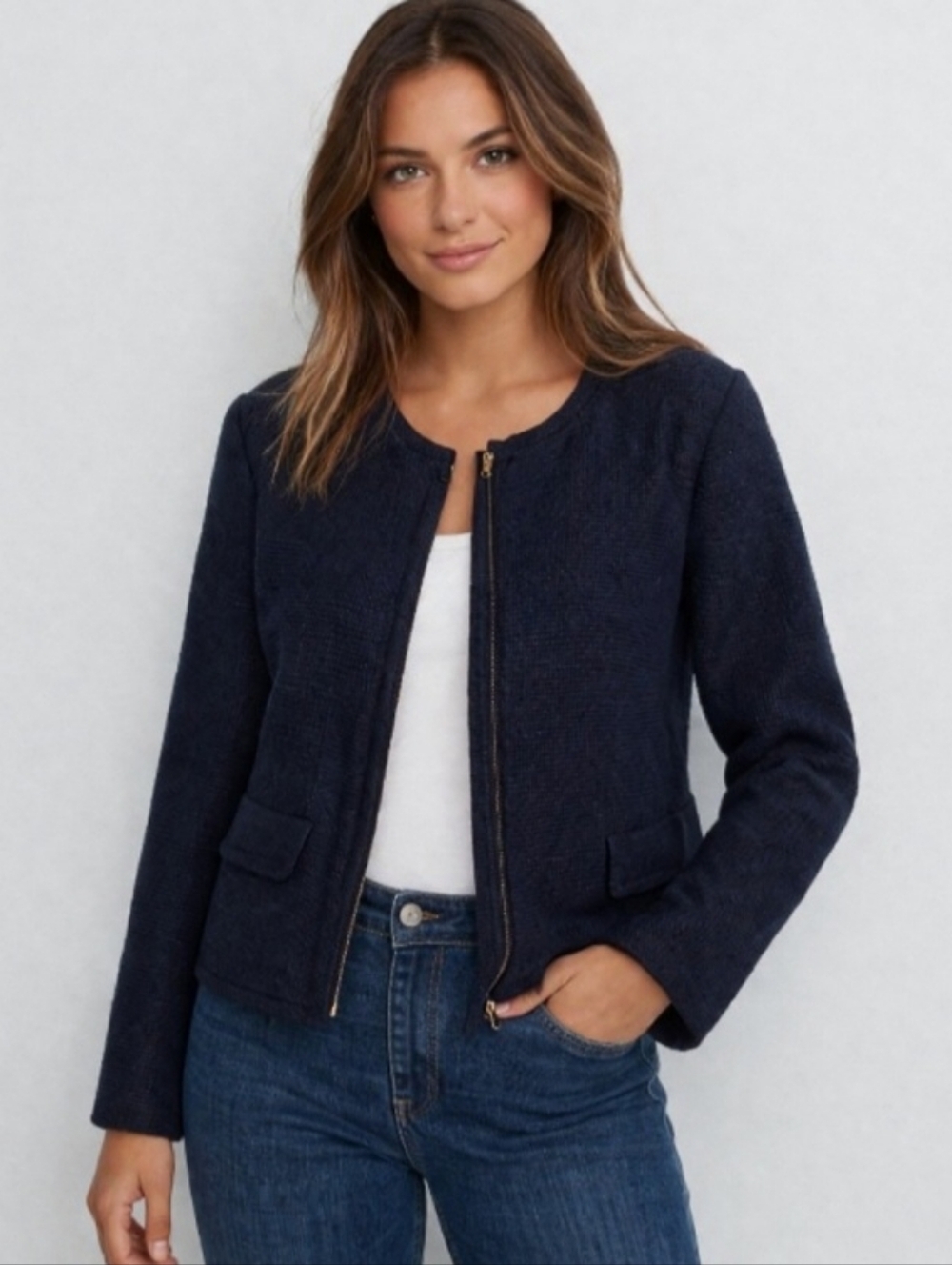 Talbots Blue Textured Zip Front Blazer Jacket Size 6 NEW NWT Gold Buttons